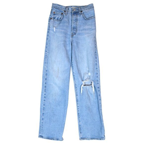 Levi’s Ribcage Straight Jeans W24 L27 Light Wash Distressed High Rise - Picture 1 of 10